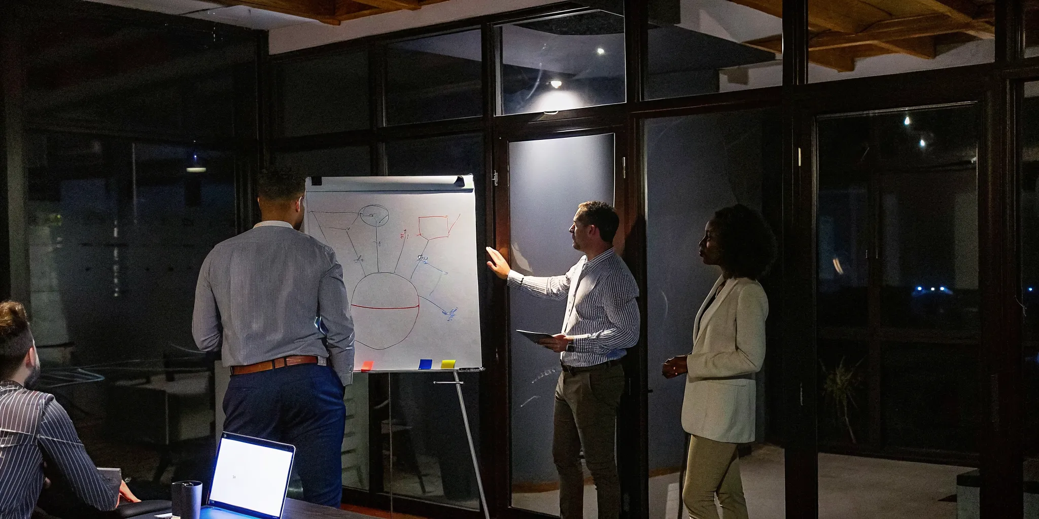 Corporate training session with engaged business professionals collaborating around a meeting table