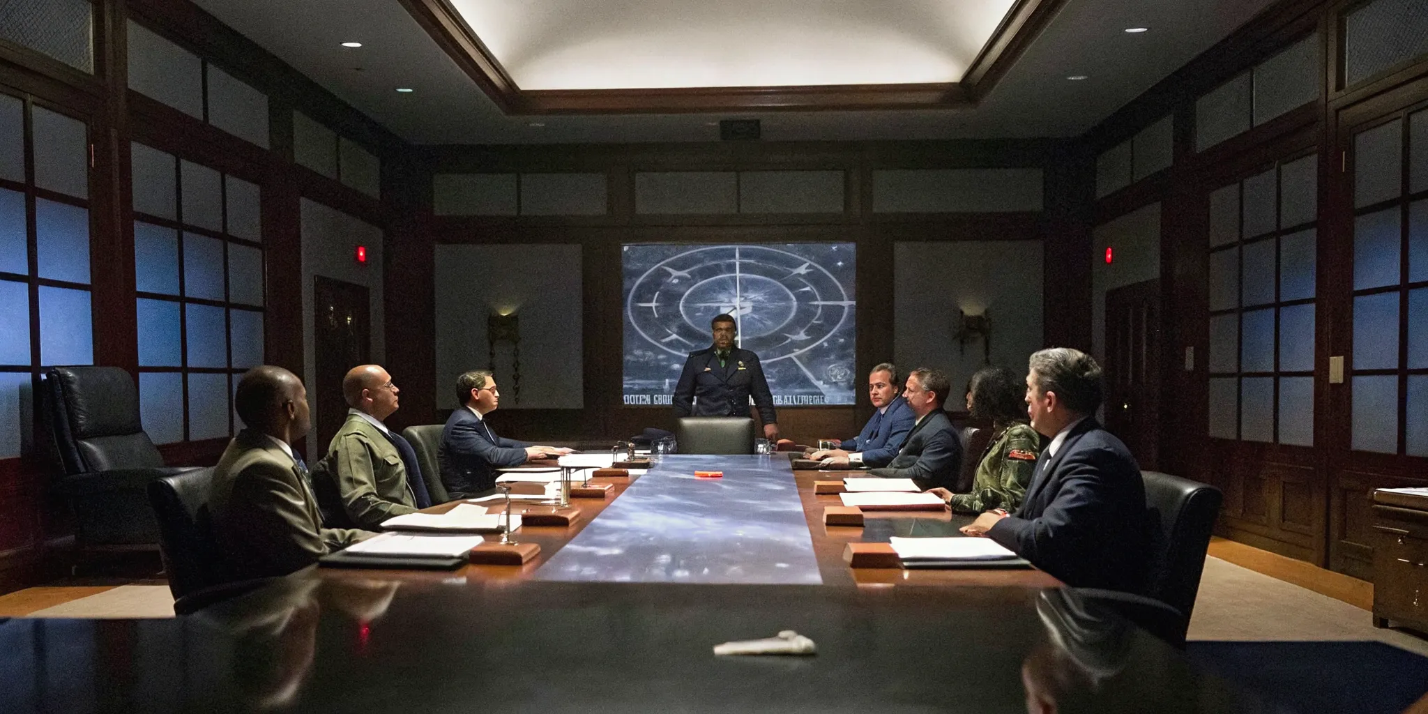 Fighter pilot briefing corporate leaders in a modern boardroom